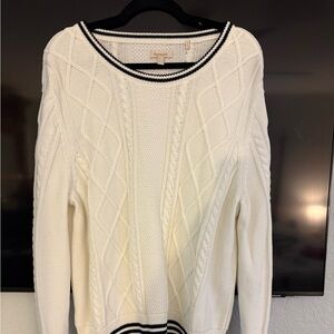 Barbour Cream Cable Knit Crewneck Sweater with Black Stripe Trim